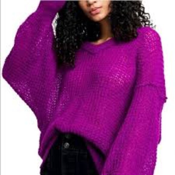 Free People Sweaters - FREE PEOPLE Lulu Sweater Womens Medium Purple Wool Waffle Knit Oversized V-Neck